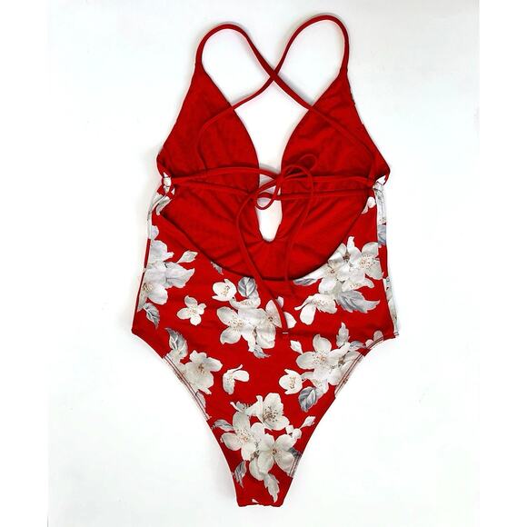 Frankies Bikinis Janelle One-Piece Swimsuit Red Floral Azalea Cheeky Cut Size M - Picture 3 of 9